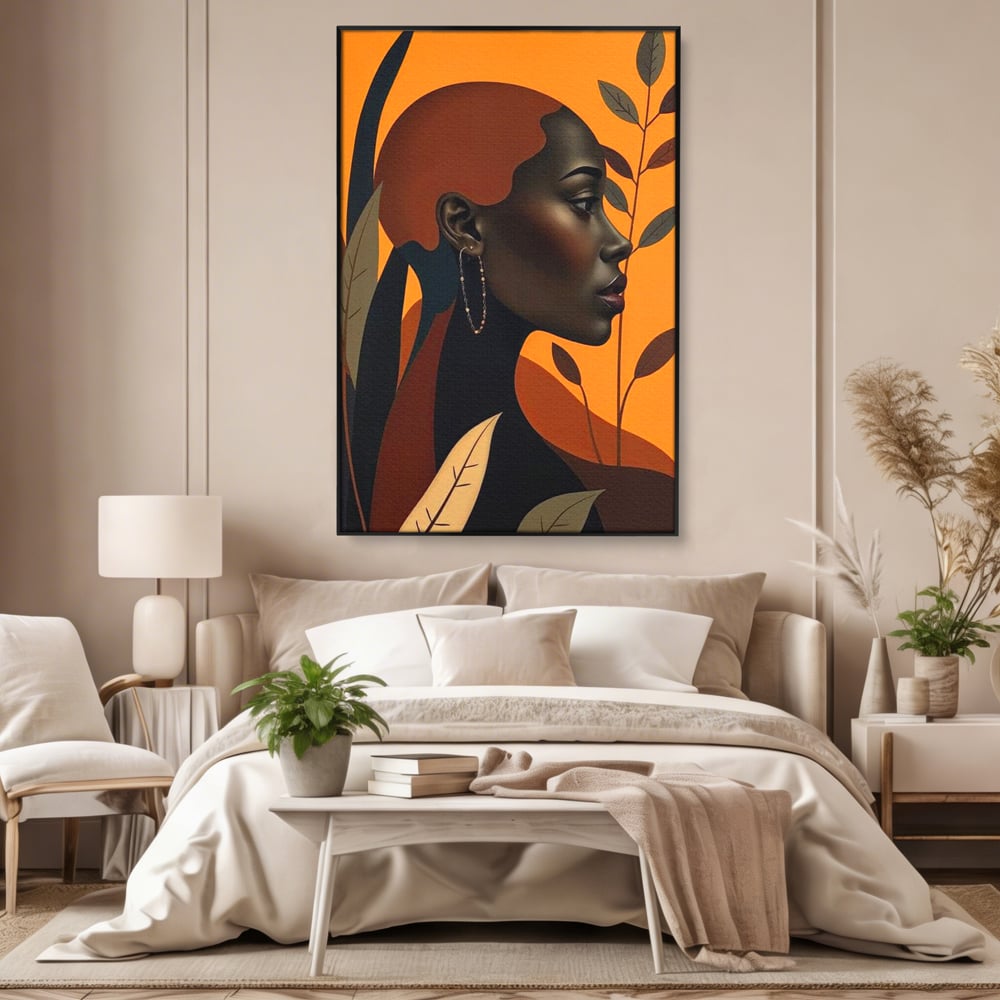 Tablou canvas cu ilustratie digitala cu profil de femeie, in rama de aluminiu negru, pe perete intr-un dormitor